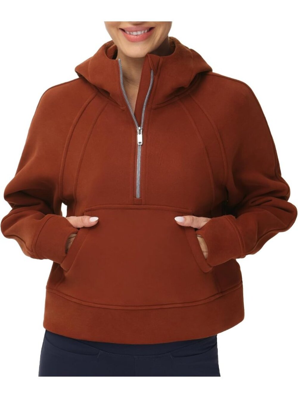 Women's Maroon Warm Fleece Lined Half Zip Thumb Hole Cropped Pullover Sweatshirt